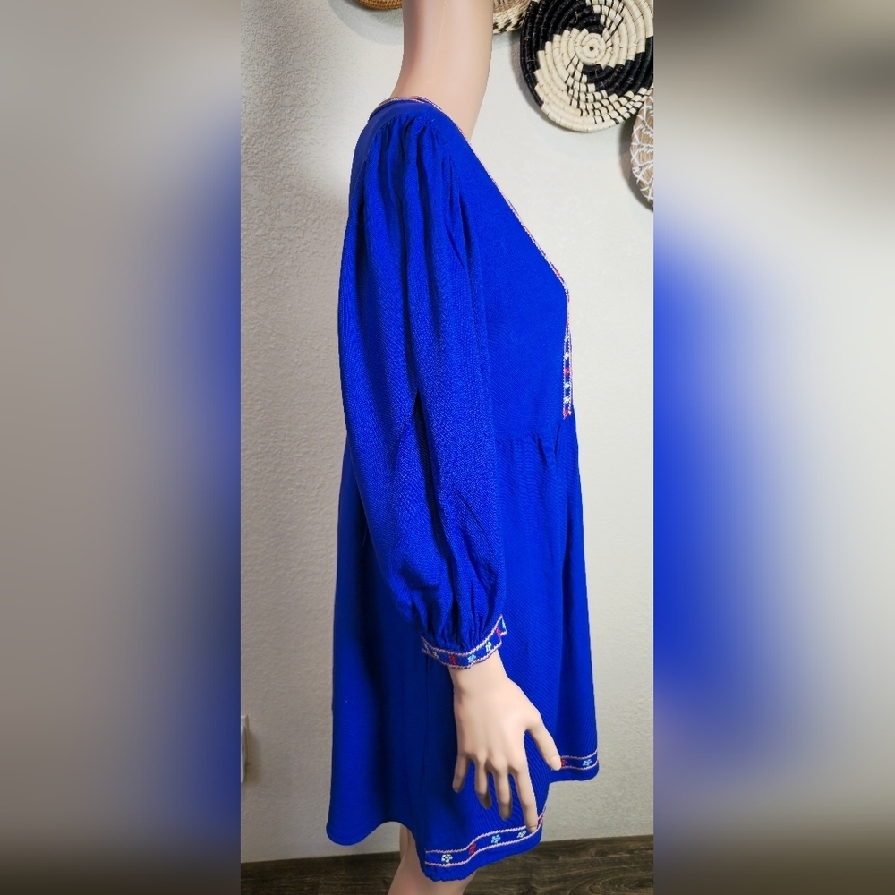 Solitaire Royal Blue Embroidered Bohemian Peasant Dress With Pockets Size Large - Picture 12 of 13